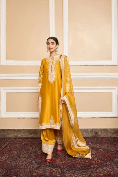 Resham Straight kurta with salwar and dupatta-Glaze mustard