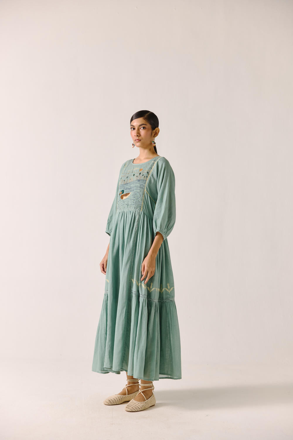 River Dress-Pale blue duck embroidery