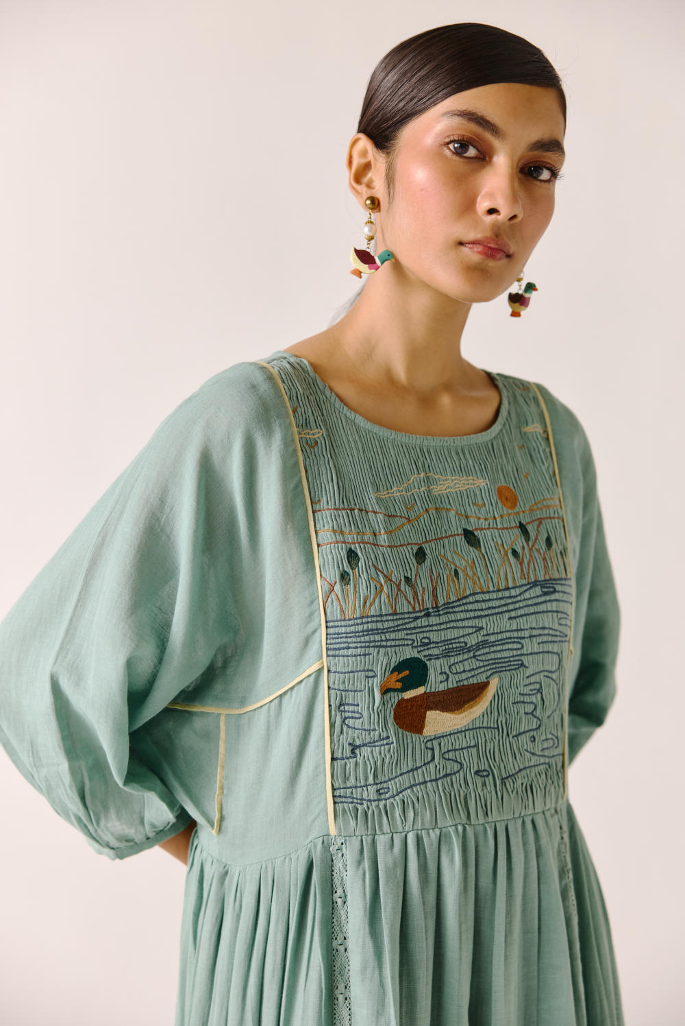 River Dress-Pale blue duck embroidery