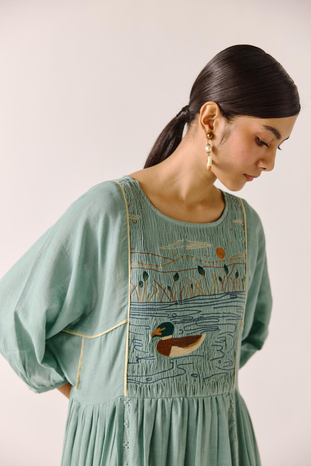 River Dress-Pale blue duck embroidery