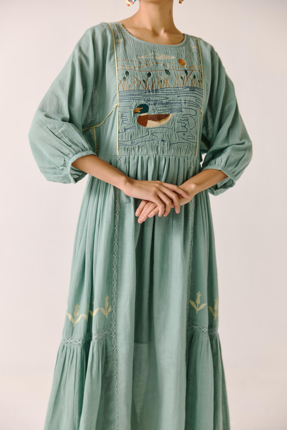 River Dress-Pale blue duck embroidery