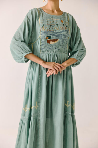 River Dress-Pale blue duck embroidery