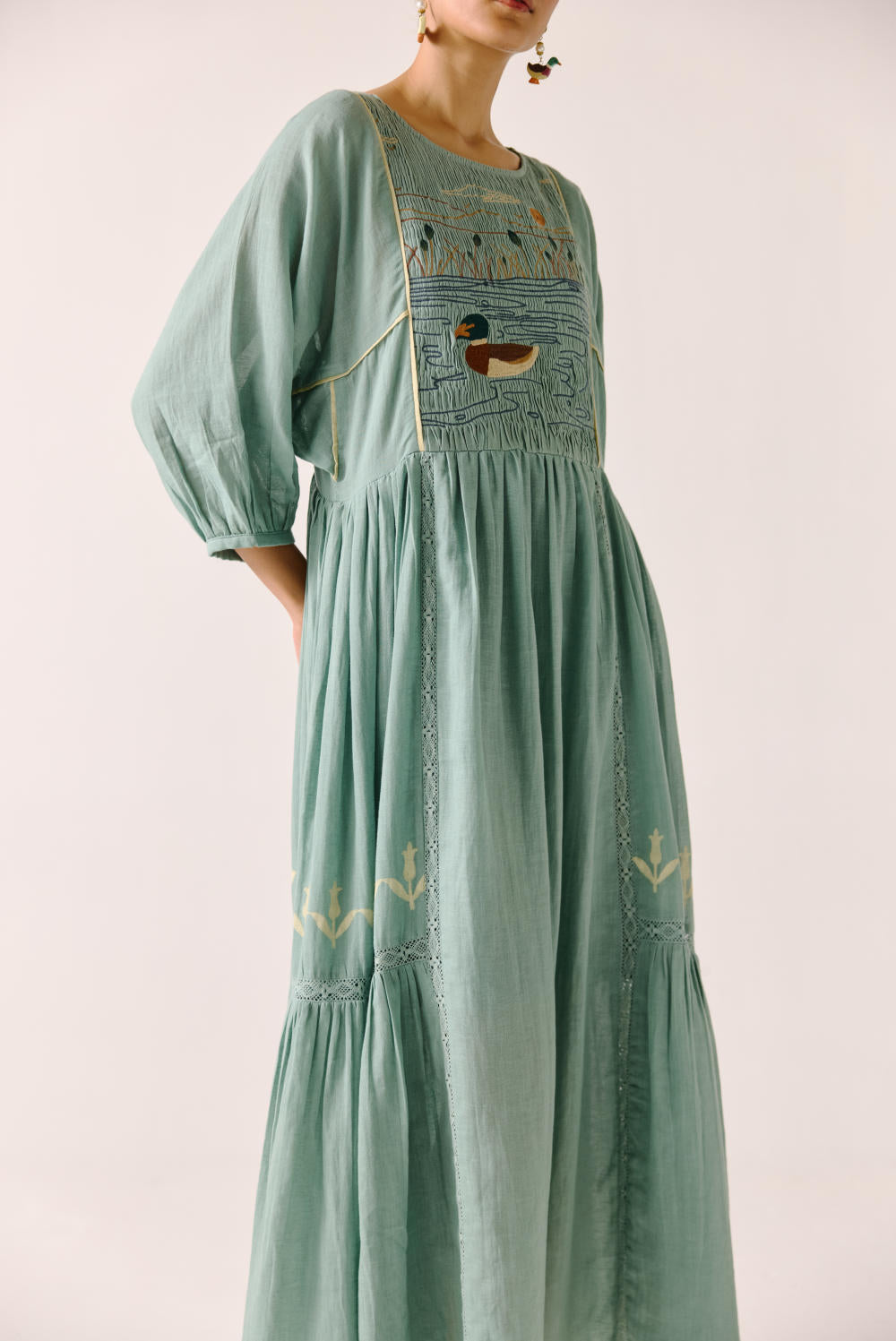 River Dress-Pale blue duck embroidery