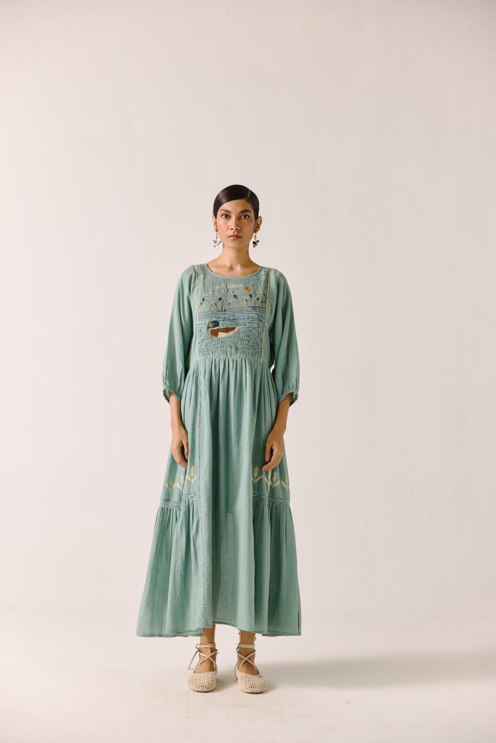 River Dress-Pale blue duck embroidery