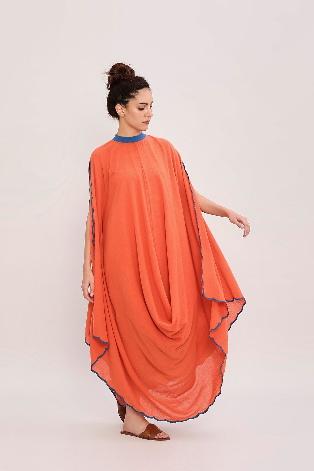 Rust Ribbed Scallop Cowl Dress