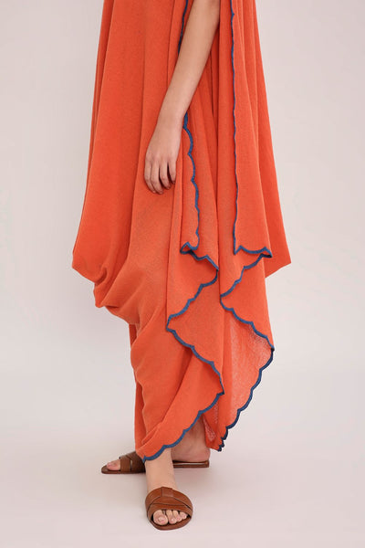 Rust Ribbed Scallop Cowl Dress