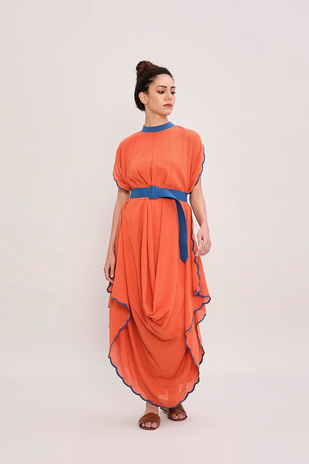 Rust Ribbed Scallop Cowl Dress