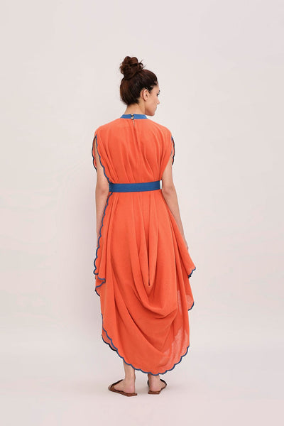 Rust Ribbed Scallop Cowl Dress