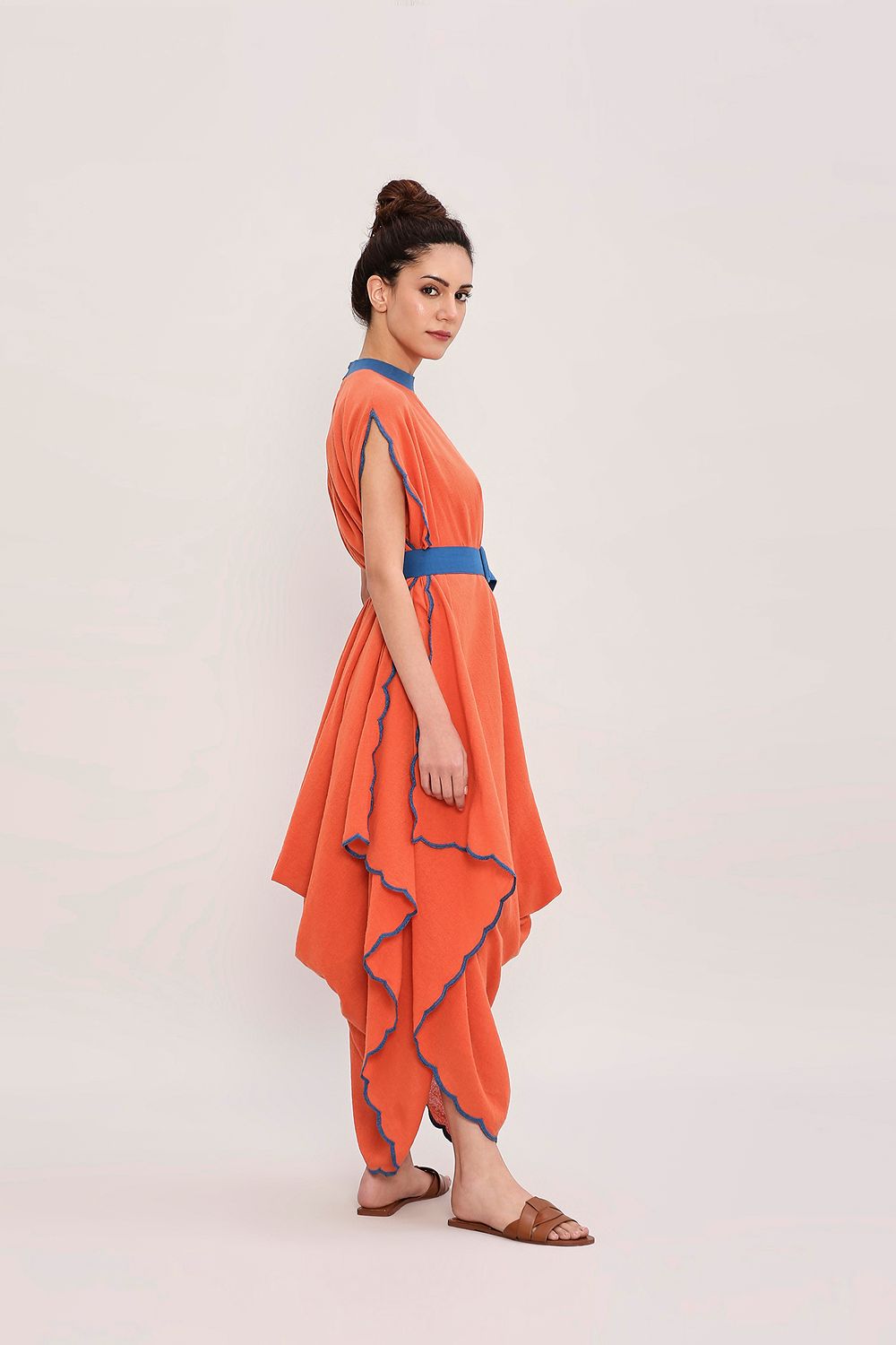 Rust Ribbed Scallop Cowl Dress