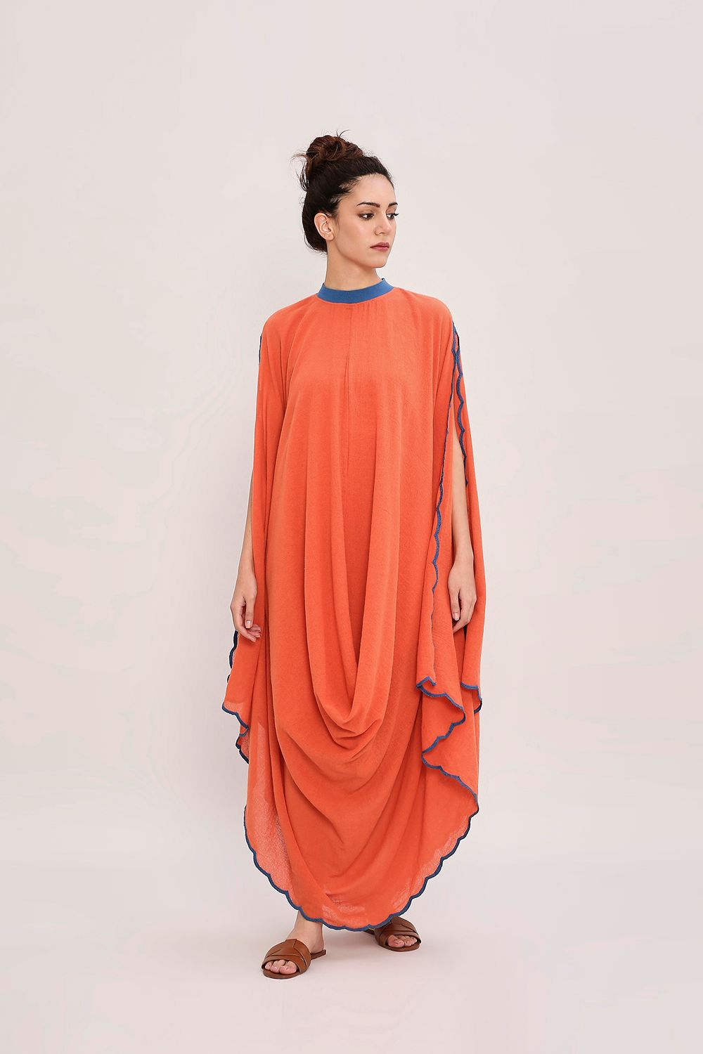 Rust Ribbed Scallop Cowl Dress