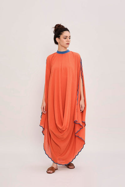 Rust Ribbed Scallop Cowl Dress