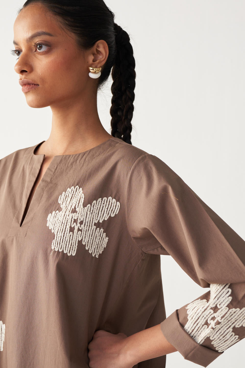 FLORAL EMB. BACK PLEAT TUNIC-CEDAR