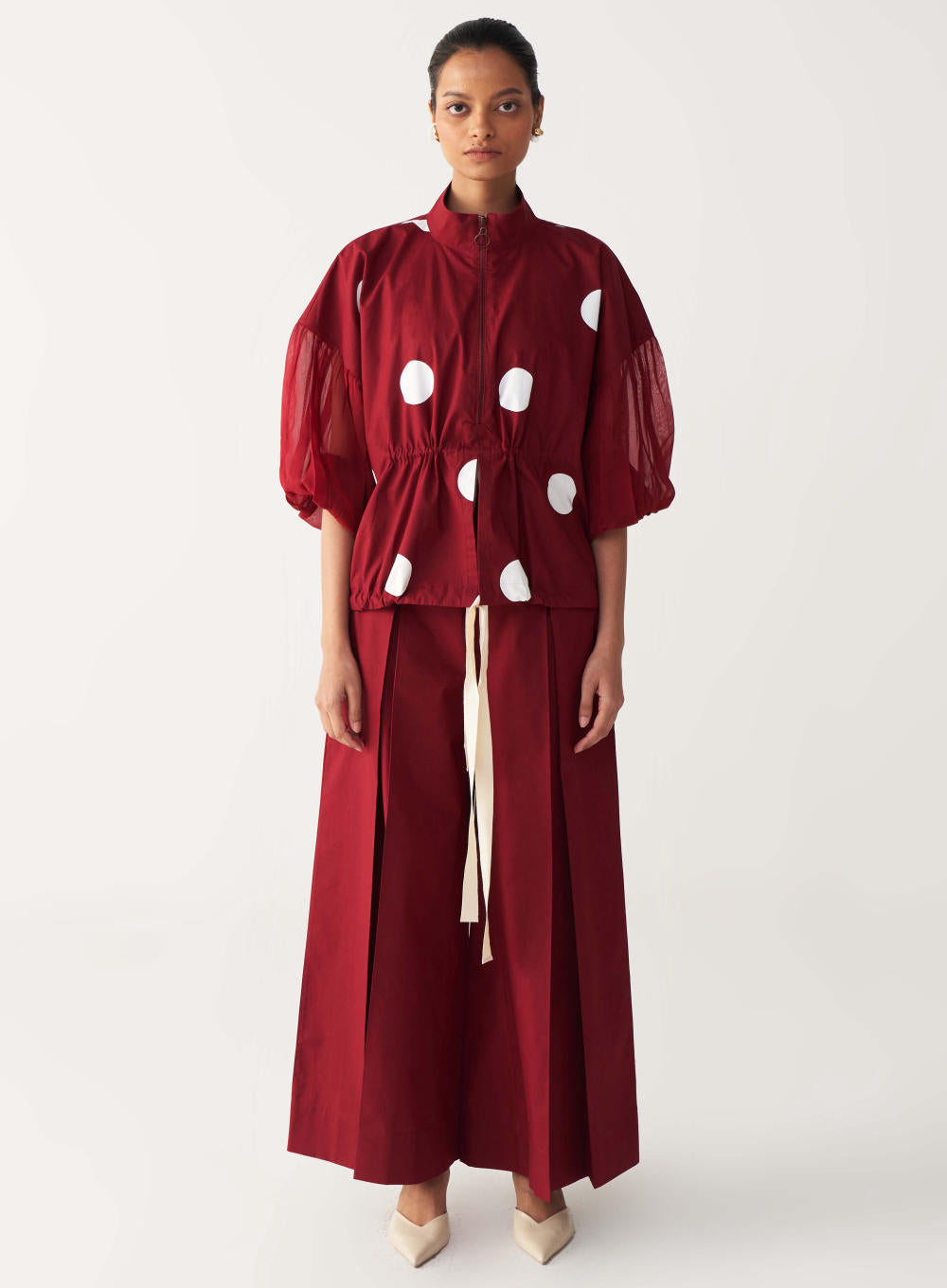 DRAWSTRING POLKA TOP-MADDER RED