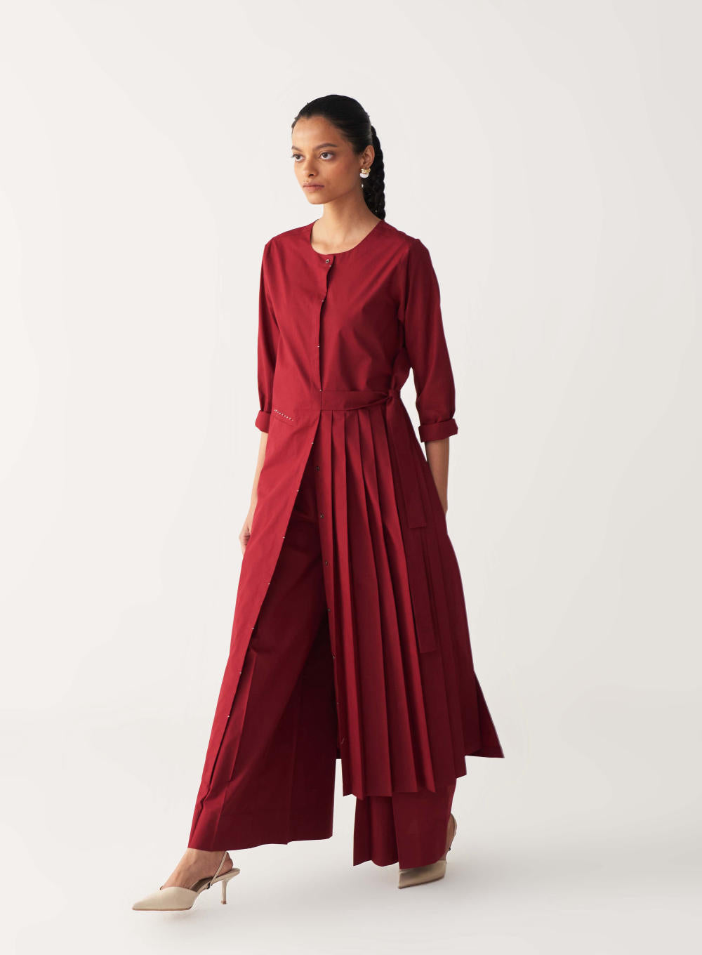 FRONT PLEAT TUNIC-MADDER RED
