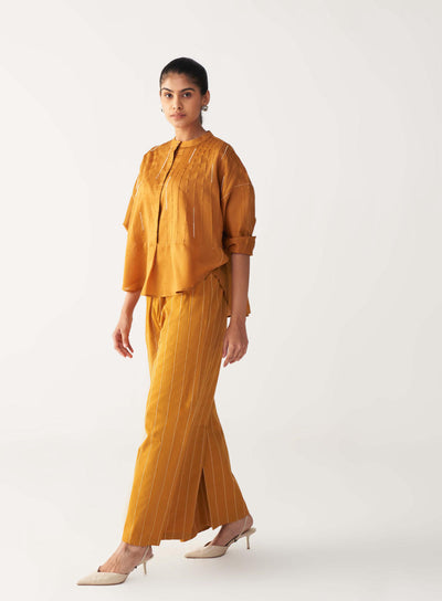 PINTUCK BAT SLEEVE TOP CO-ORD-MUSTARD