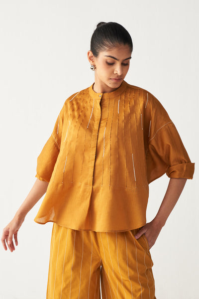 PINTUCK BAT SLEEVE TOP CO-ORD-MUSTARD