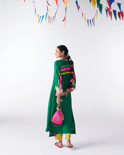 Sakhi Emerald Green Silk Back Stripe Kaftan Kurta Set