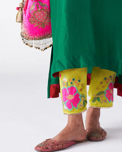 Sakhi Emerald Green Silk Back Stripe Kaftan Kurta Set