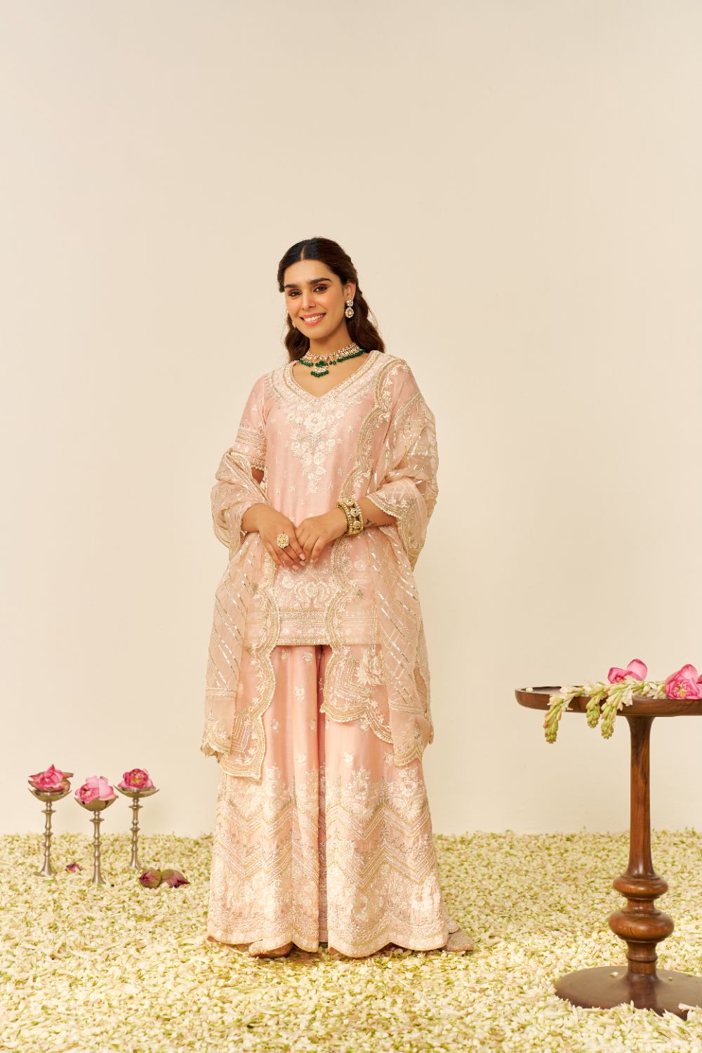 Sameeha - Short Kurta With Sharara And Dupatta-Off Rose