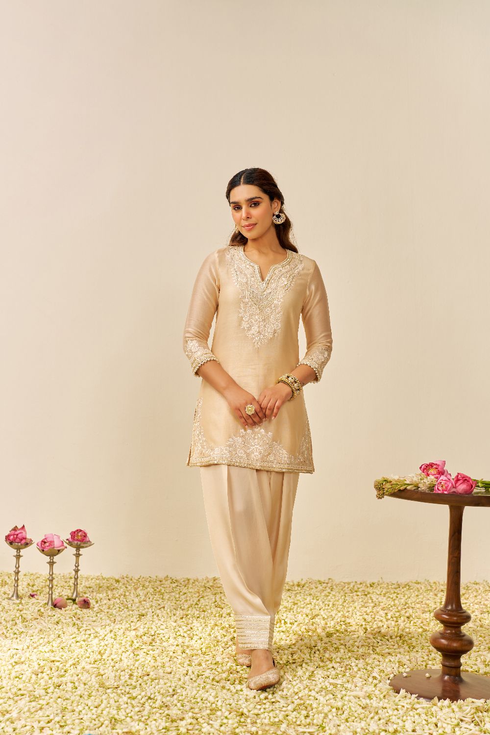 Haniya - Short Kurta With Salwar And Dupatta-Beige