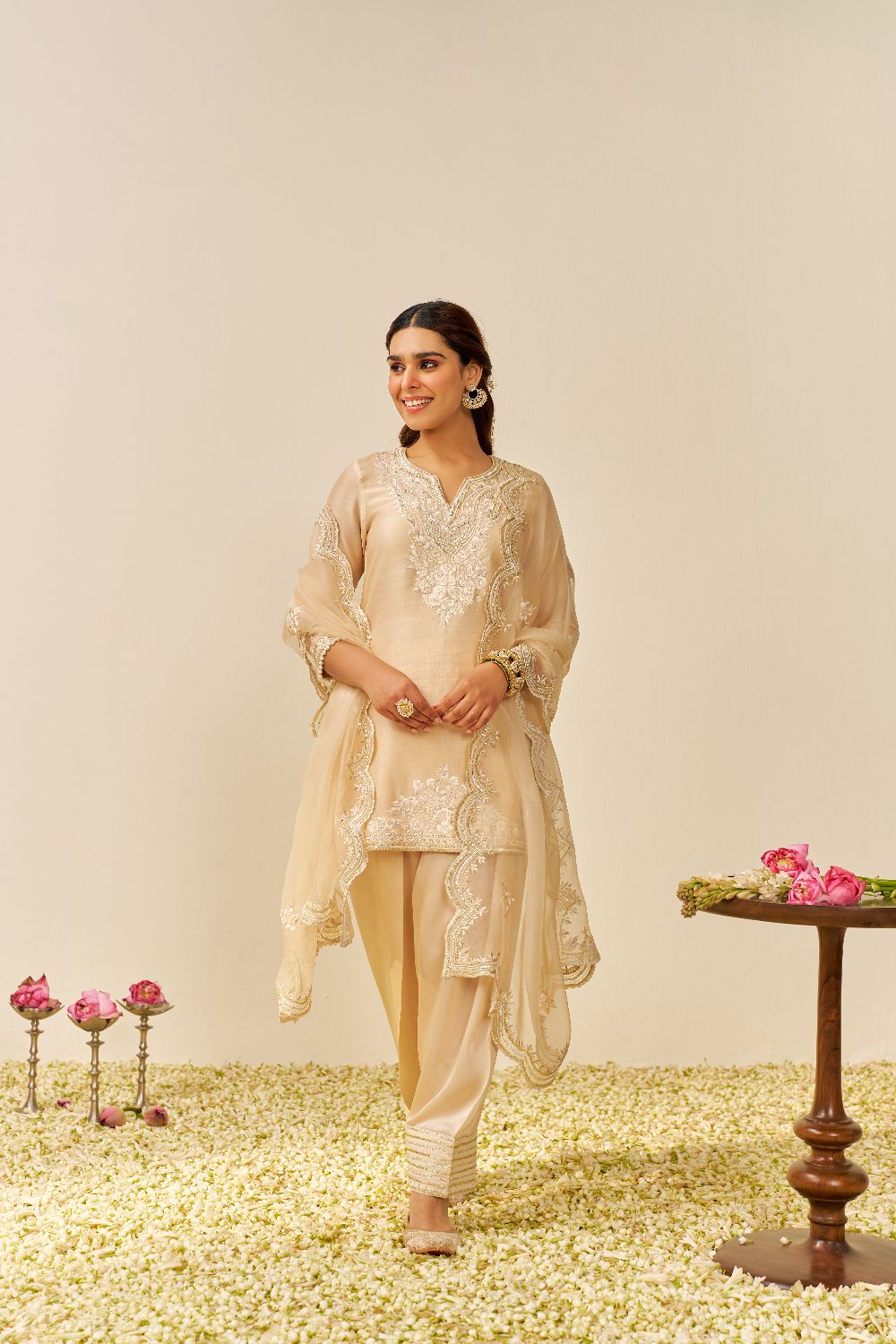 Haniya - Short Kurta With Salwar And Dupatta-Beige
