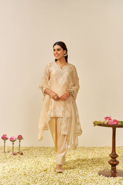Haniya - Short Kurta With Salwar And Dupatta-Beige