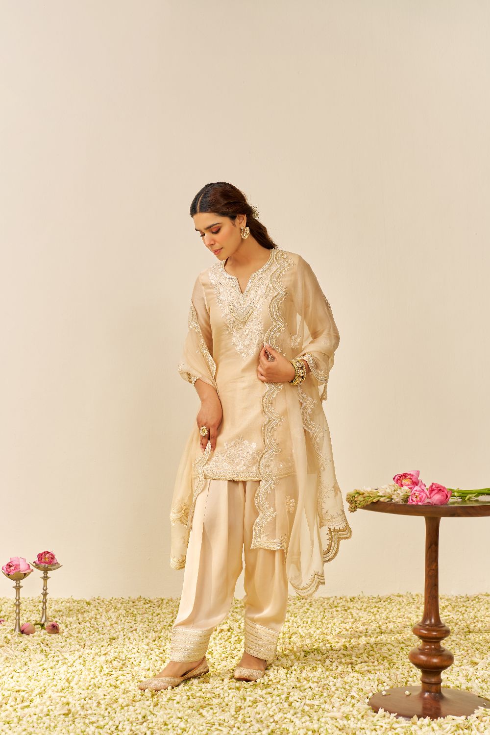 Haniya - Short Kurta With Salwar And Dupatta-Beige