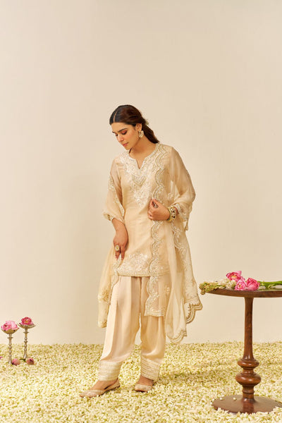 Haniya - Short Kurta With Salwar And Dupatta-Beige