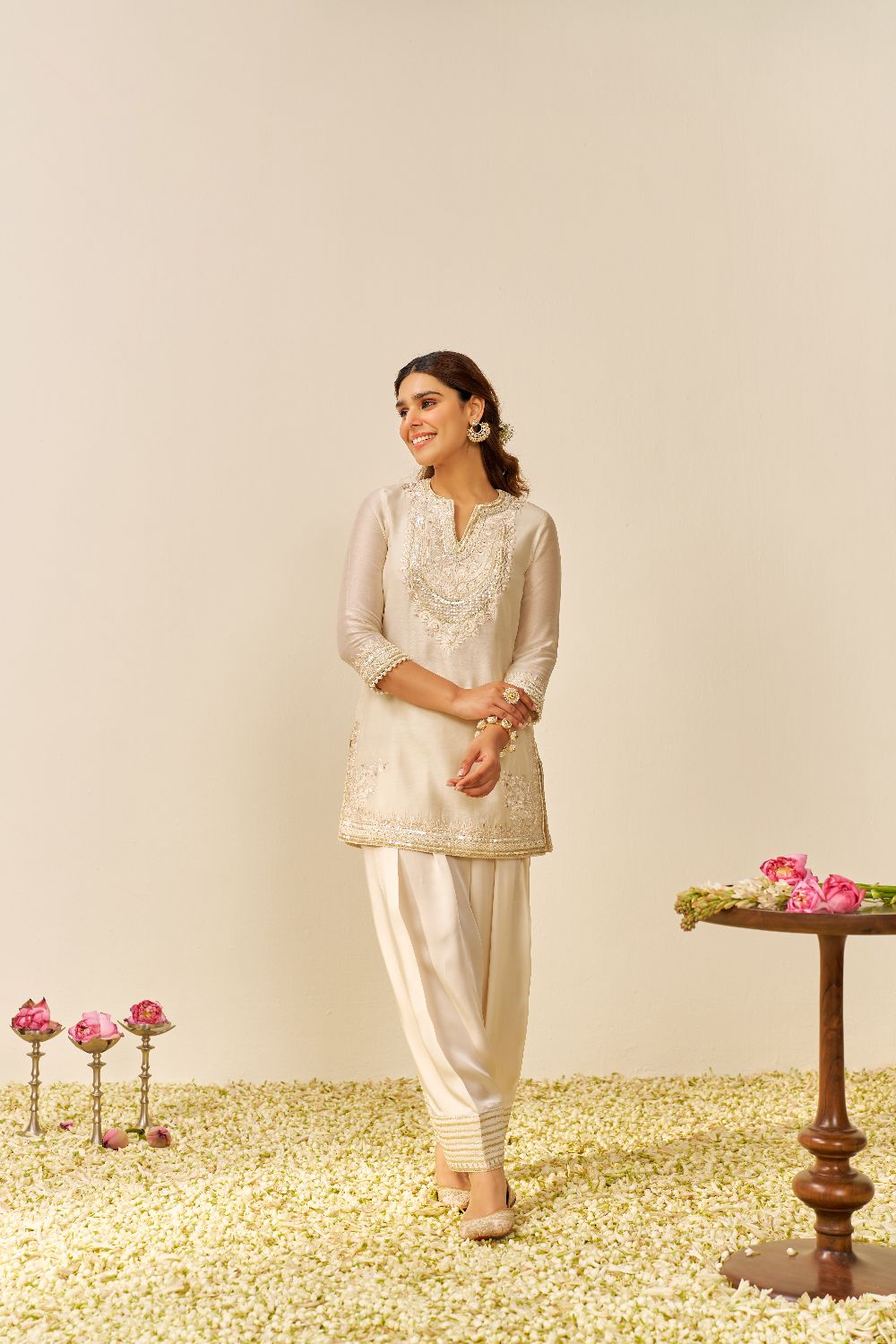 Sara - Short Kurta With Salwar And Dupatta-Daisy Ivory