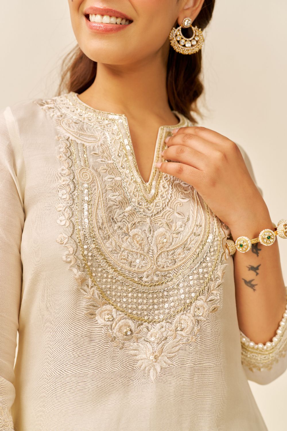 Sara - Short Kurta With Salwar And Dupatta-Daisy Ivory