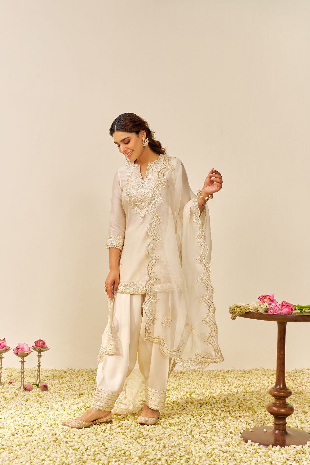 Sara - Short Kurta With Salwar And Dupatta-Daisy Ivory