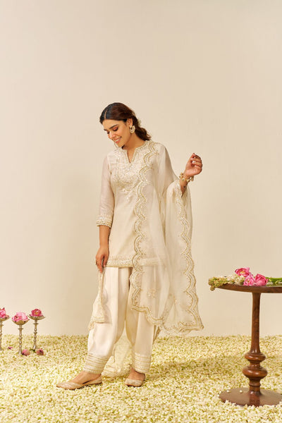 Sara - Short Kurta With Salwar And Dupatta-Daisy Ivory