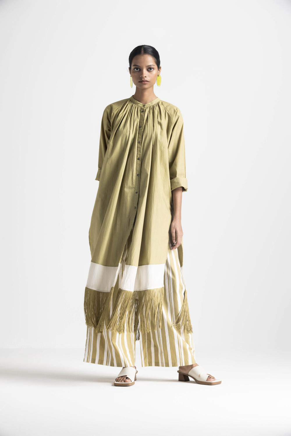 FRINGE GATHER NECK SHIRT CO ORD - MOSS GREEN