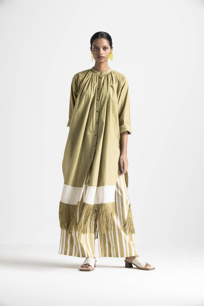 FRINGE GATHER NECK SHIRT CO ORD - MOSS GREEN