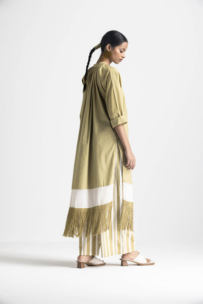 FRINGE GATHER NECK SHIRT CO ORD - MOSS GREEN