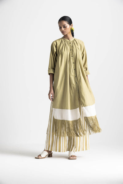 FRINGE GATHER NECK SHIRT CO ORD - MOSS GREEN