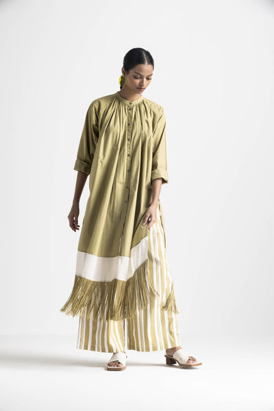 FRINGE GATHER NECK SHIRT - MOSS GREEN