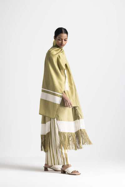 FRINGE GATHER NECK SHIRT - MOSS GREEN