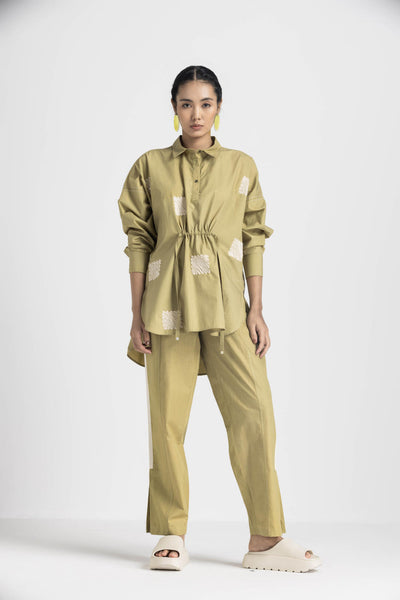EMB. DRAWSTRING TOP - MOSS GREEN