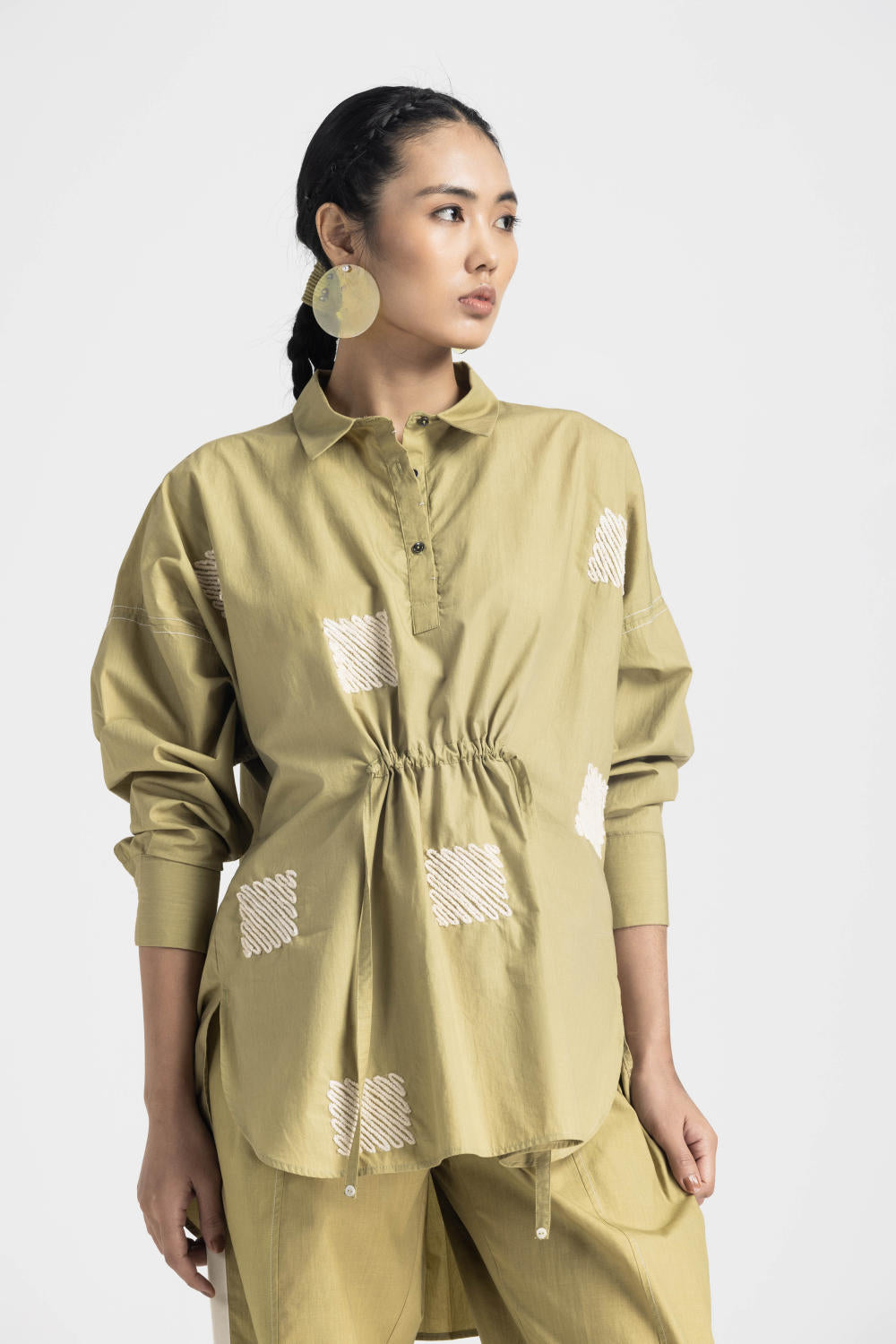 EMB. DRAWSTRING TOP CO ORD - MOSS GREEN