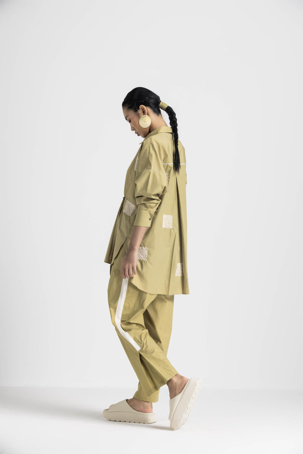 EMB. DRAWSTRING TOP CO ORD - MOSS GREEN