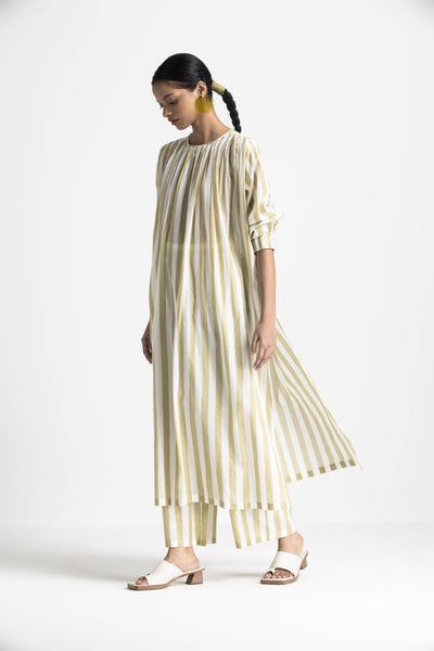 FRONT GATHER DRESS CO ORD (SET OF 3) - MOSS GREEN STRIPE