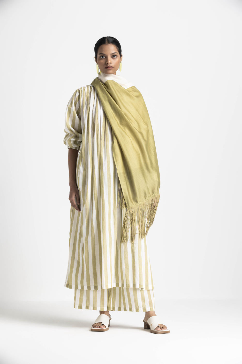 FRONT GATHER DRESS CO ORD (SET OF 3) - MOSS GREEN STRIPE