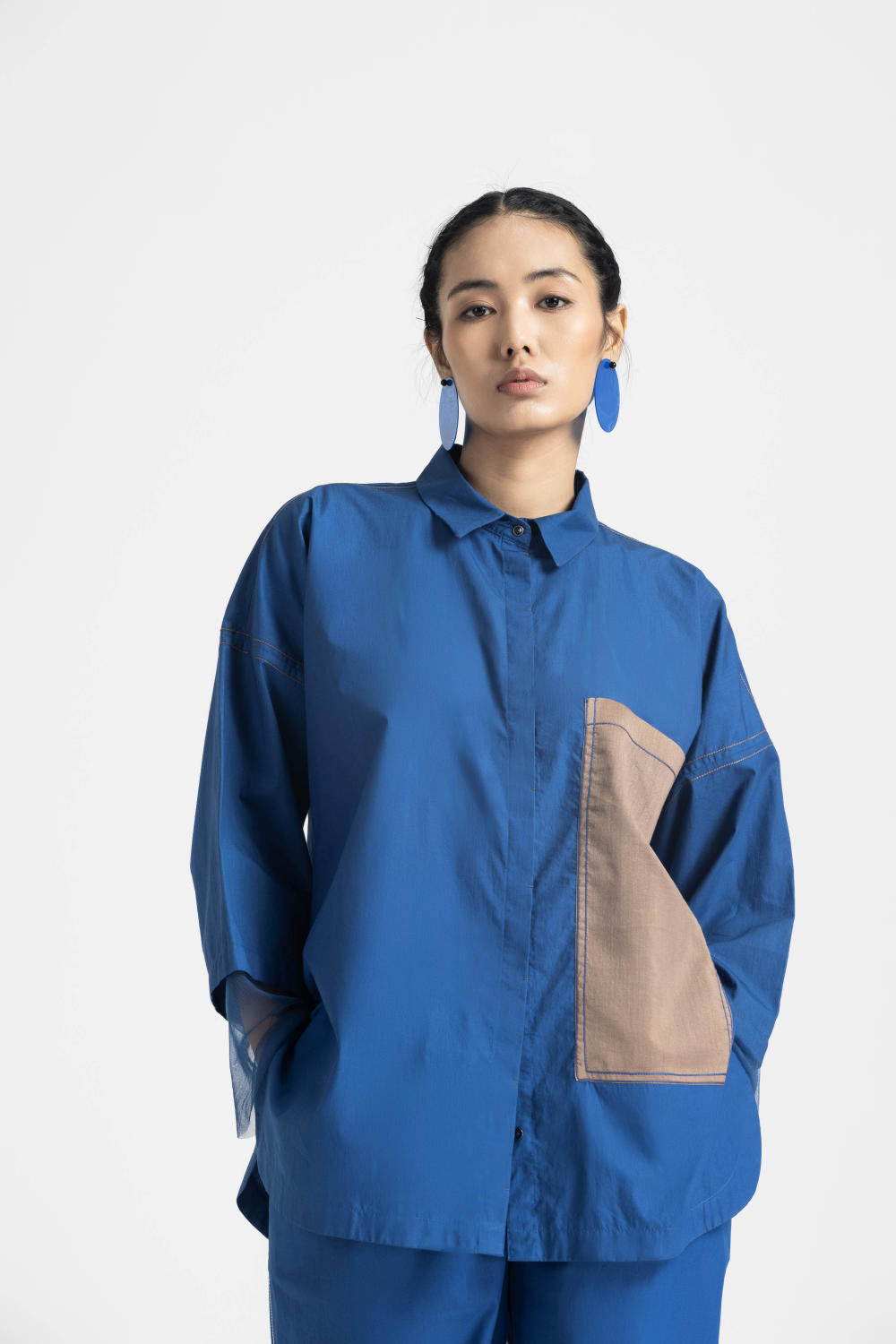 CONTRAST DETAIL SHIRT CO ORD - ELECTRIC BLUE