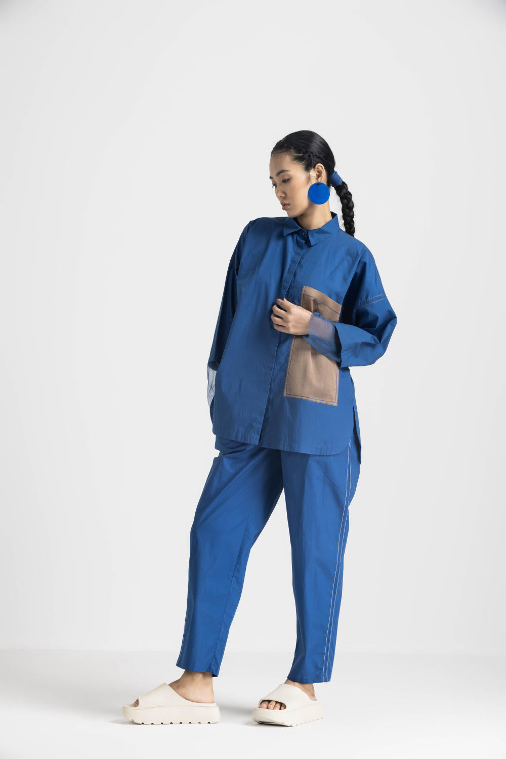 CONTRAST DETAIL SHIRT CO ORD - ELECTRIC BLUE