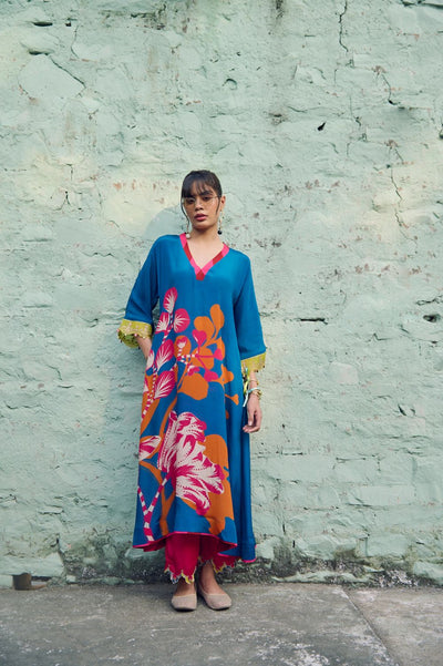 Safar Teal Blue Flower Printed Kaftan Kurta Set