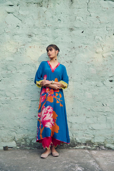 Safar Teal Blue Flower Printed Kaftan Kurta Set