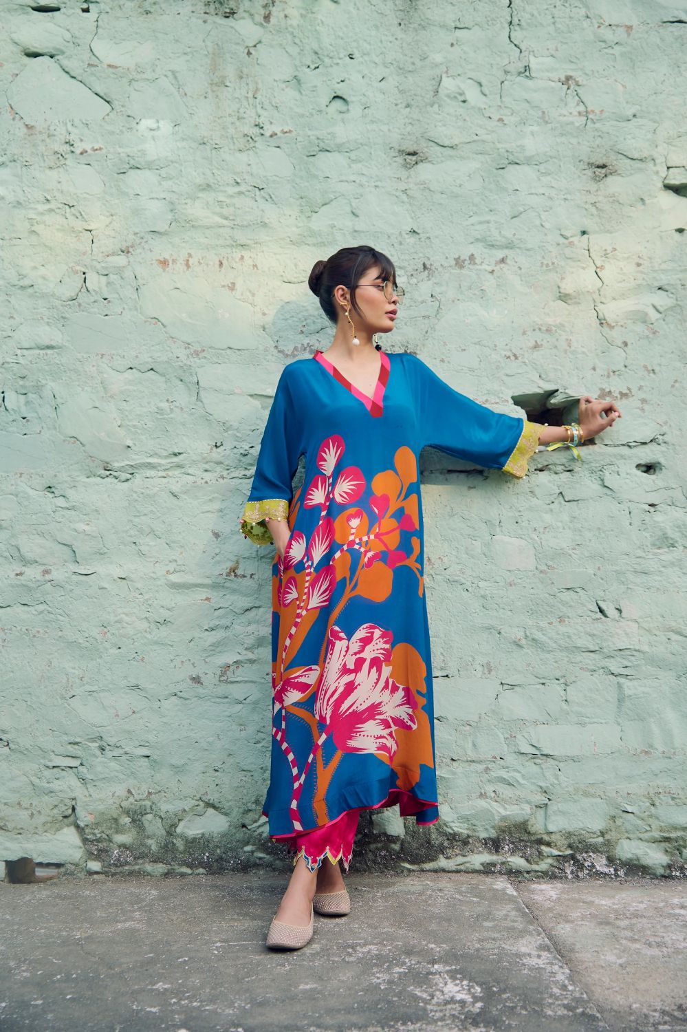 Safar Teal Blue Flower Printed Kaftan Kurta Set