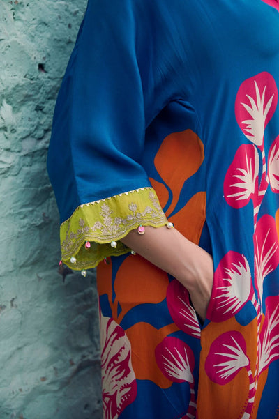 Safar Teal Blue Flower Printed Kaftan Kurta Set