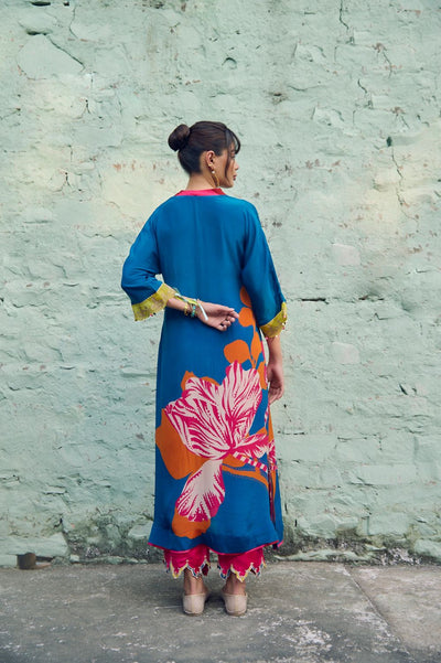 Safar Teal Blue Flower Printed Kaftan Kurta Set
